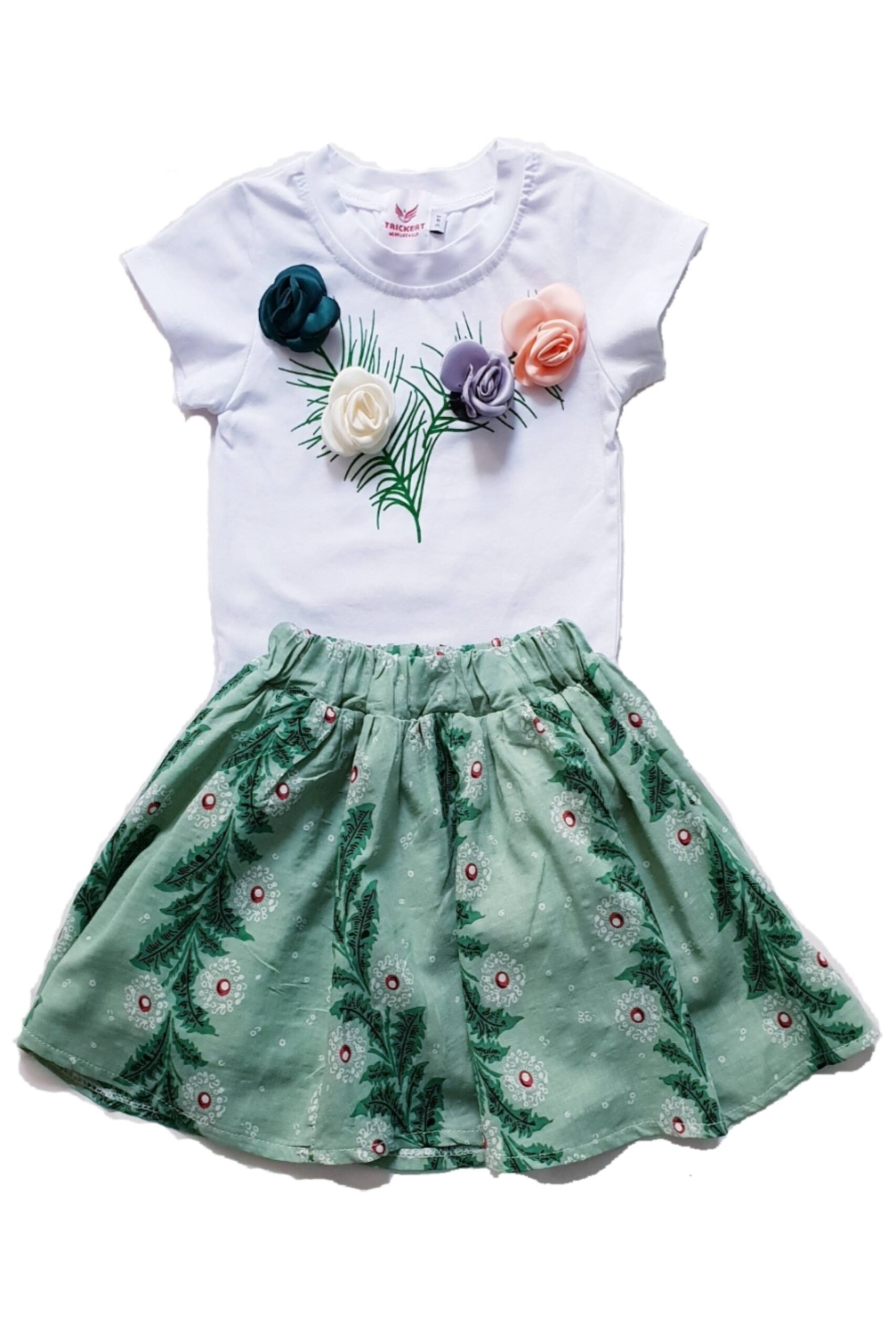 Compleu fete Green Nature - tricou cu trandafiri si fusta verde, 3 - 4 ani